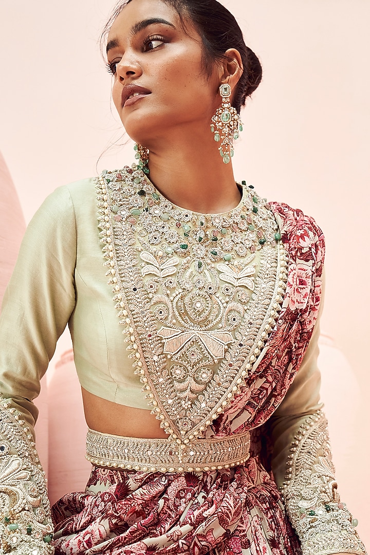 Pistachio Green Georgette & Chanderi Silk Floral Printed Palazzo Reception Saree Set by Bhumika Sharma at Pernia's Pop Up Shop