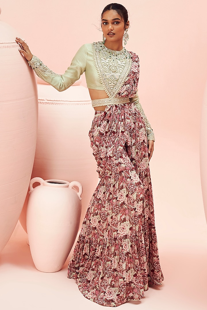 Pistachio Green Georgette & Chanderi Silk Floral Printed Palazzo Reception Saree Set by Bhumika Sharma at Pernia's Pop Up Shop
