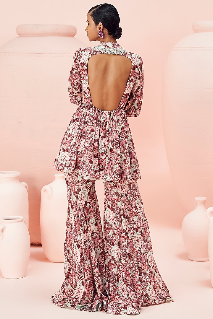 Blush Pink Georgette Abstract Floral Printed Gharara Set by Bhumika Sharma at Pernia's Pop Up Shop