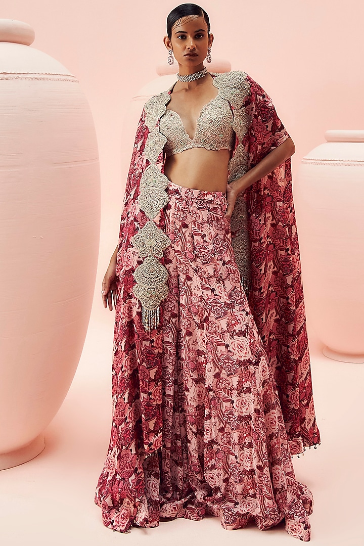 Blush Pink Georgette Abstract Floral Printed & Embroidered Cape Set by Bhumika Sharma at Pernia's Pop Up Shop