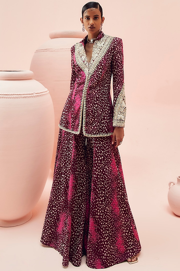 Burgundy Georgette & Net Printed Jacket Set by Bhumika Sharma at Pernia's Pop Up Shop