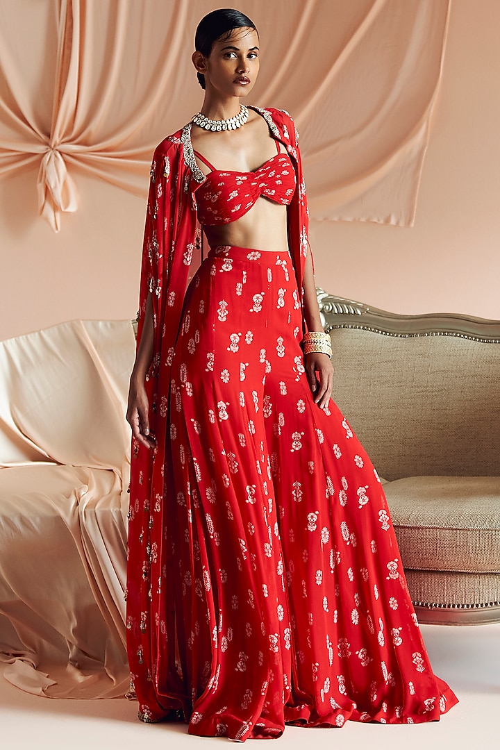 Scarlet Red Georgette Floral Printed Jacket Wedding Lehenga Set by Bhumika Sharma at Pernia's Pop Up Shop