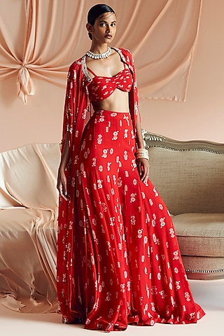 Scarlet Red Georgette Floral Printed Cape Set by Bhumika Sharma