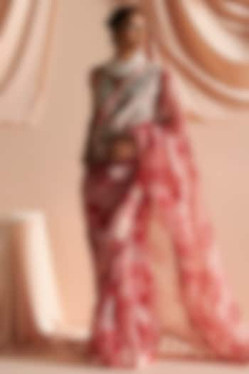 Ivory & Red Organza Printed Saree Set by Bhumika Sharma at Pernia's Pop Up Shop