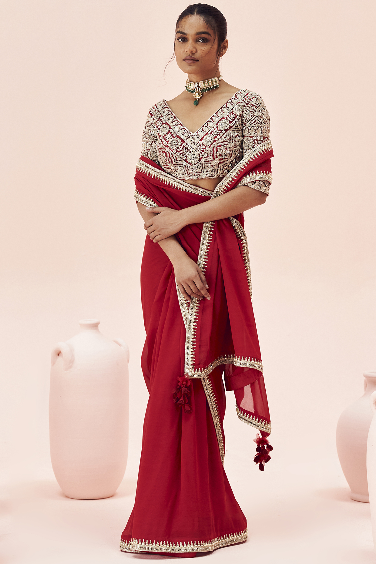 Ruby Red Georgette & Net Embroidered Reception Saree Set by Bhumika Sharma at Pernia's Pop Up Shop