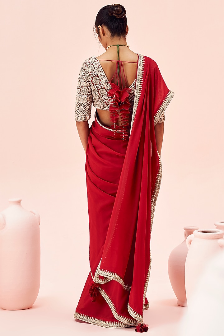 Ruby Red Georgette & Net Embroidered Reception Saree Set by Bhumika Sharma at Pernia's Pop Up Shop