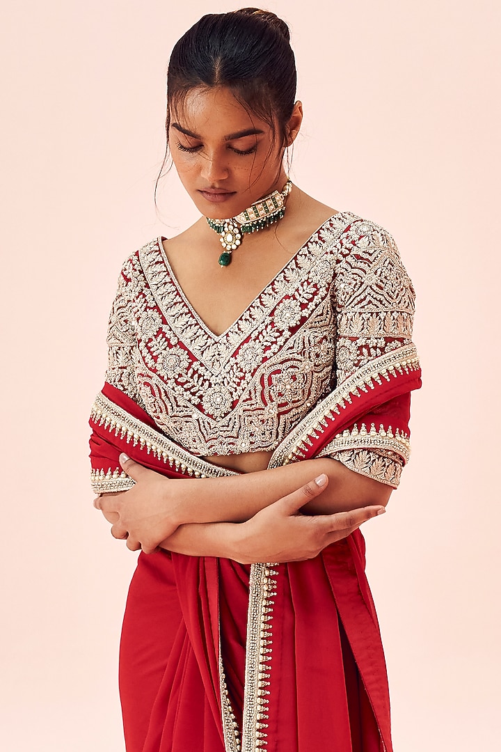 Ruby Red Georgette & Net Embroidered Reception Saree Set by Bhumika Sharma at Pernia's Pop Up Shop