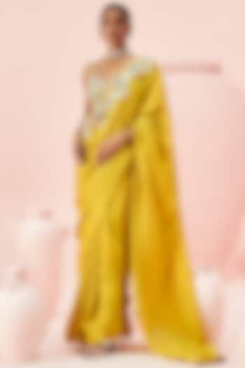 Yellow Georgette & Net Paisley Work Wedding Saree Set by Bhumika Sharma at Pernia's Pop Up Shop