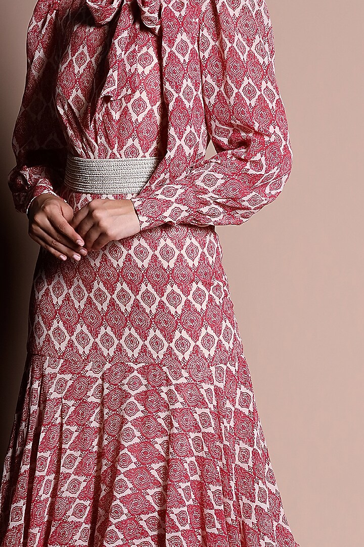 Red Printed Gown With Embroidered Belt by Bhumika Sharma at Pernia's Pop Up Shop