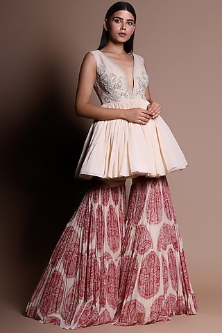 Red & Ivory Printed Sharara Set by Bhumika Sharma