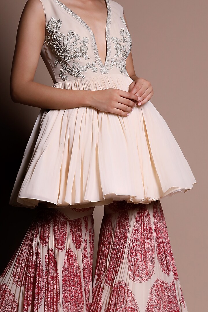 Red & Ivory Printed Wedding Sharara Set by Bhumika Sharma at Pernia's Pop Up Shop