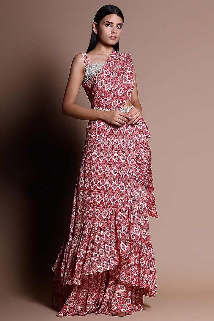 Red Georgette Geometric Printed Pre-Stitched Saree Set by Bhumika Sharma