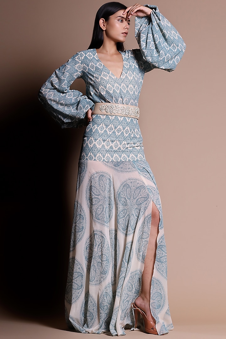 Sky Blue Georgette Printed Skirt Set With Belt by Bhumika Sharma at Pernia's Pop Up Shop