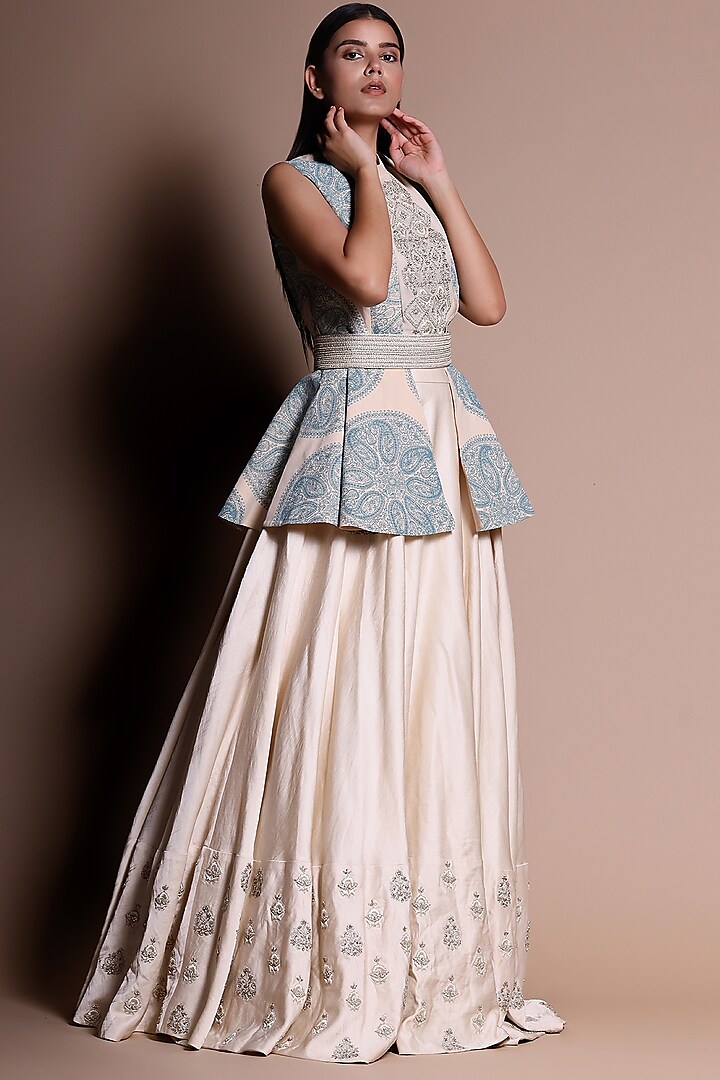 Sky Blue Geometric Printed Skirt Set With Belt by Bhumika Sharma
