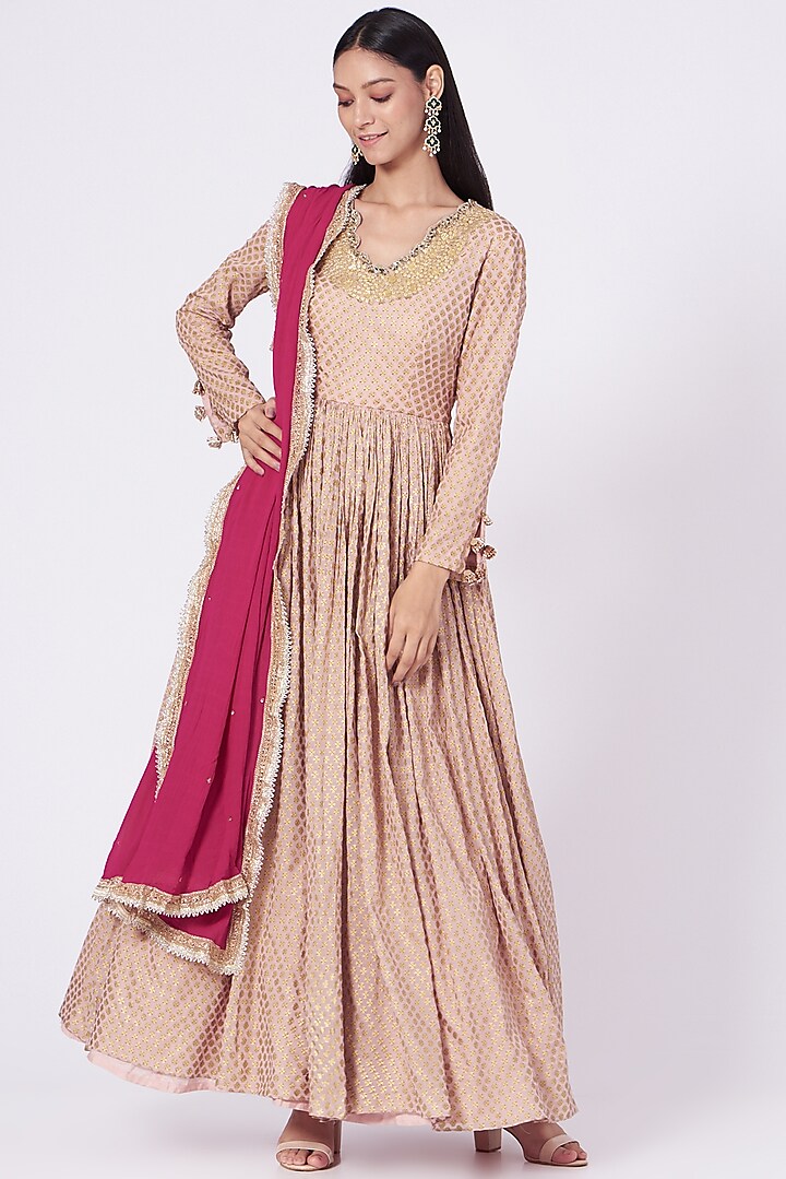 Blush Pink Printed Anarkali Set by Bhumika Sharma