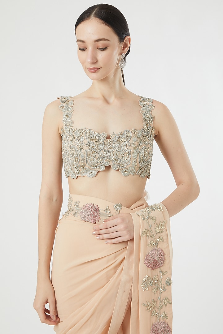Peach Satin Crepe Reception Saree Set by Bhumika Sharma at Pernia's Pop Up Shop
