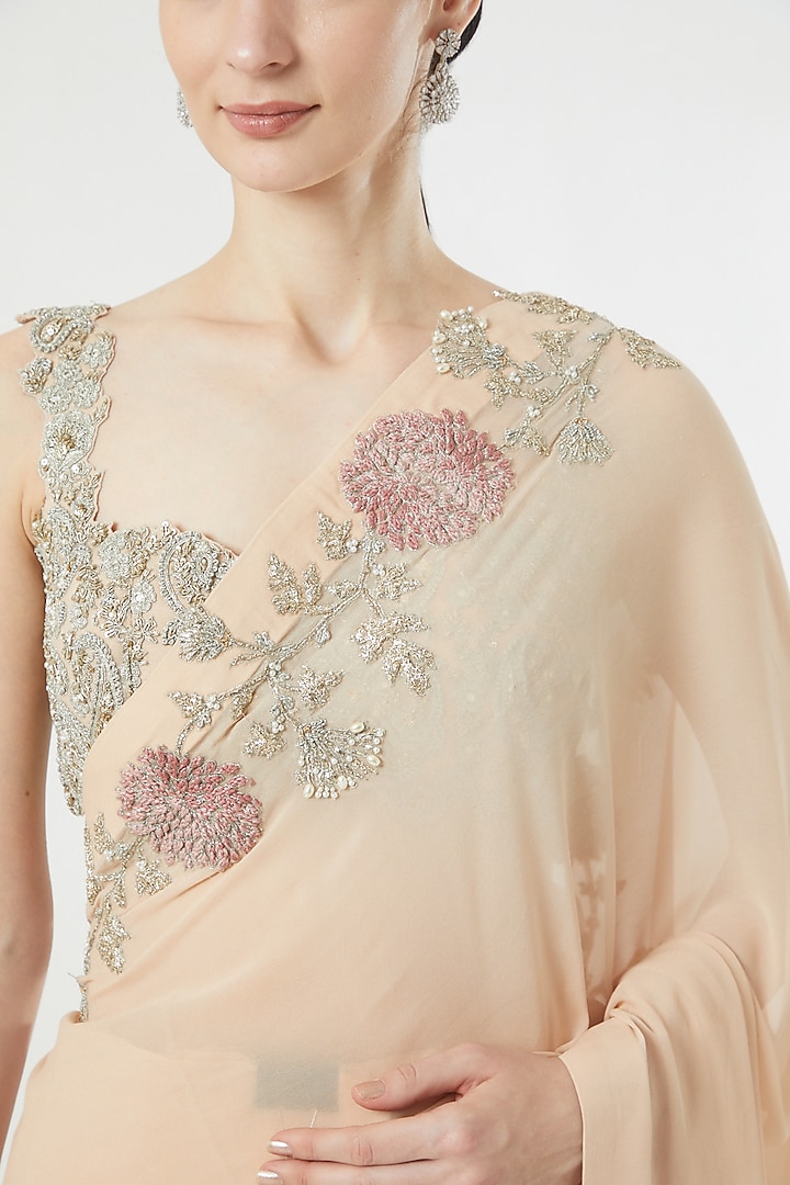 Peach Satin Crepe Reception Saree Set by Bhumika Sharma at Pernia's Pop Up Shop