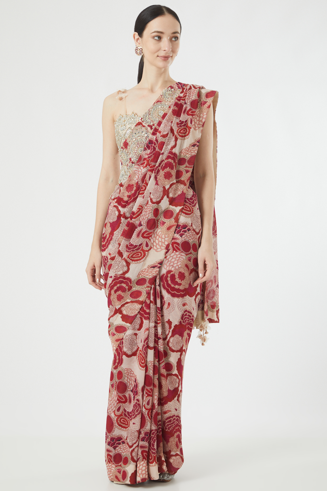 Multi-Colored Organza & Net printed Reception Saree Set by Bhumika Sharma at Pernia's Pop Up Shop