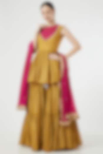 Mustard Printed Sharara Set by Bhumika Sharma