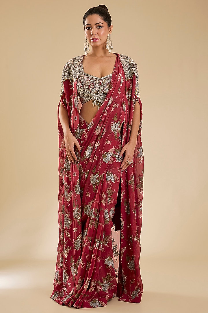 Red Georgette Printed Draped Reception Saree Set by Bhumika Sharma at Pernia's Pop Up Shop
