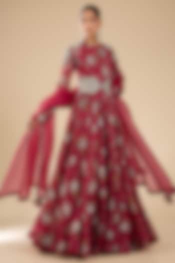 Red Organza Printed Bridal Anarkali Set by Bhumika Sharma at Pernia's Pop Up Shop