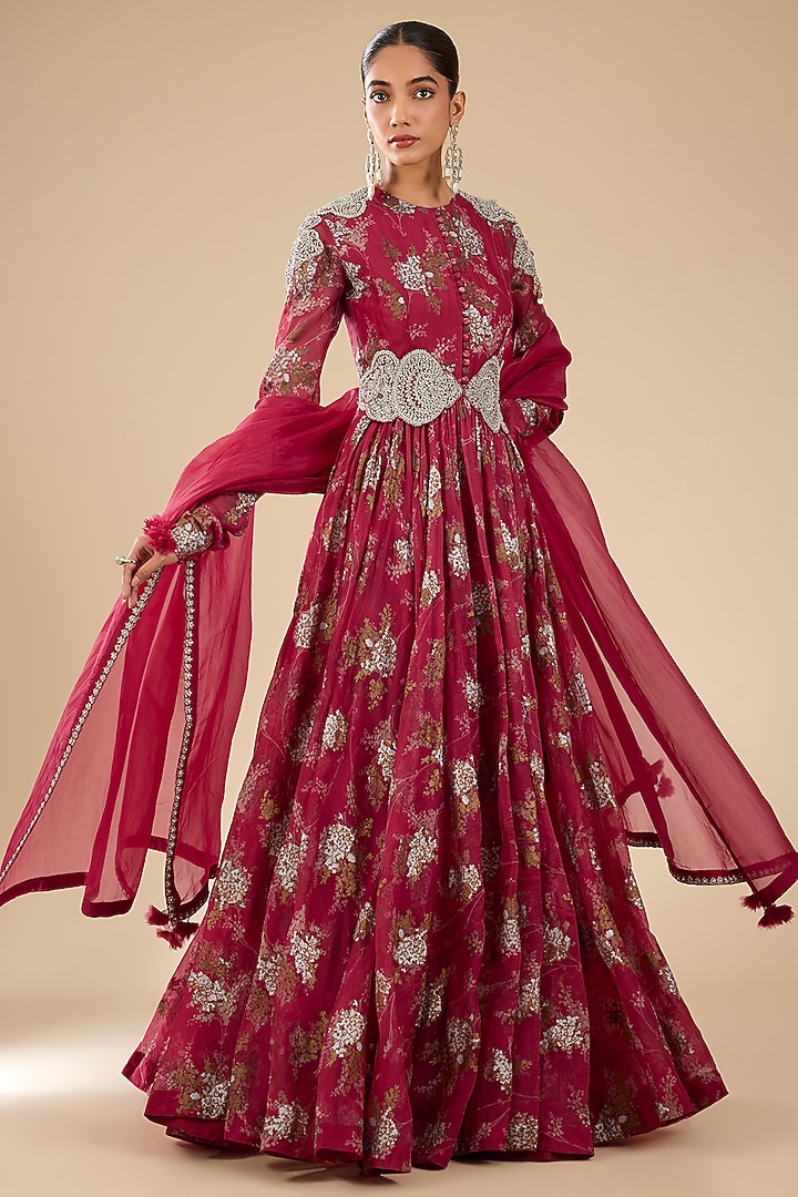Red Organza Printed Bridal Anarkali Set by Bhumika Sharma at Pernia's Pop Up Shop
