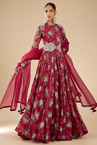 Red Organza Printed Anarkali Set by Bhumika Sharma