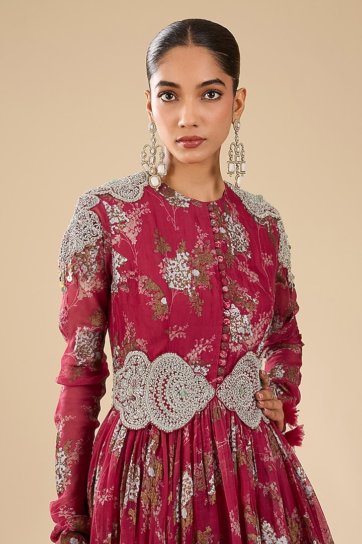 Red Organza Printed Bridal Anarkali Set by Bhumika Sharma at Pernia's Pop Up Shop