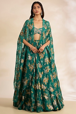 Green Organza & Net Printed Skirt Set by Bhumika Sharma