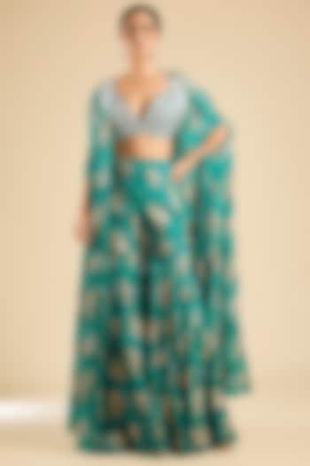Teal Georgette Printed Flared Pant Set by Bhumika Sharma at Pernia's Pop Up Shop