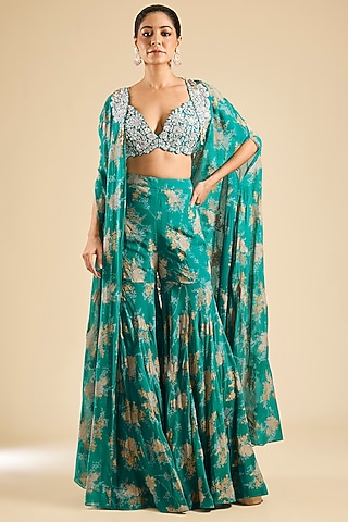 Teal Georgette Printed Flared Pant Set by Bhumika Sharma