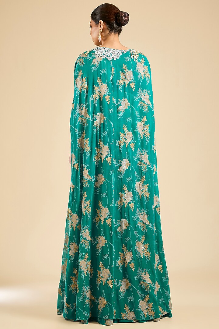 Teal Georgette Printed Flared Pant Set by Bhumika Sharma at Pernia's Pop Up Shop