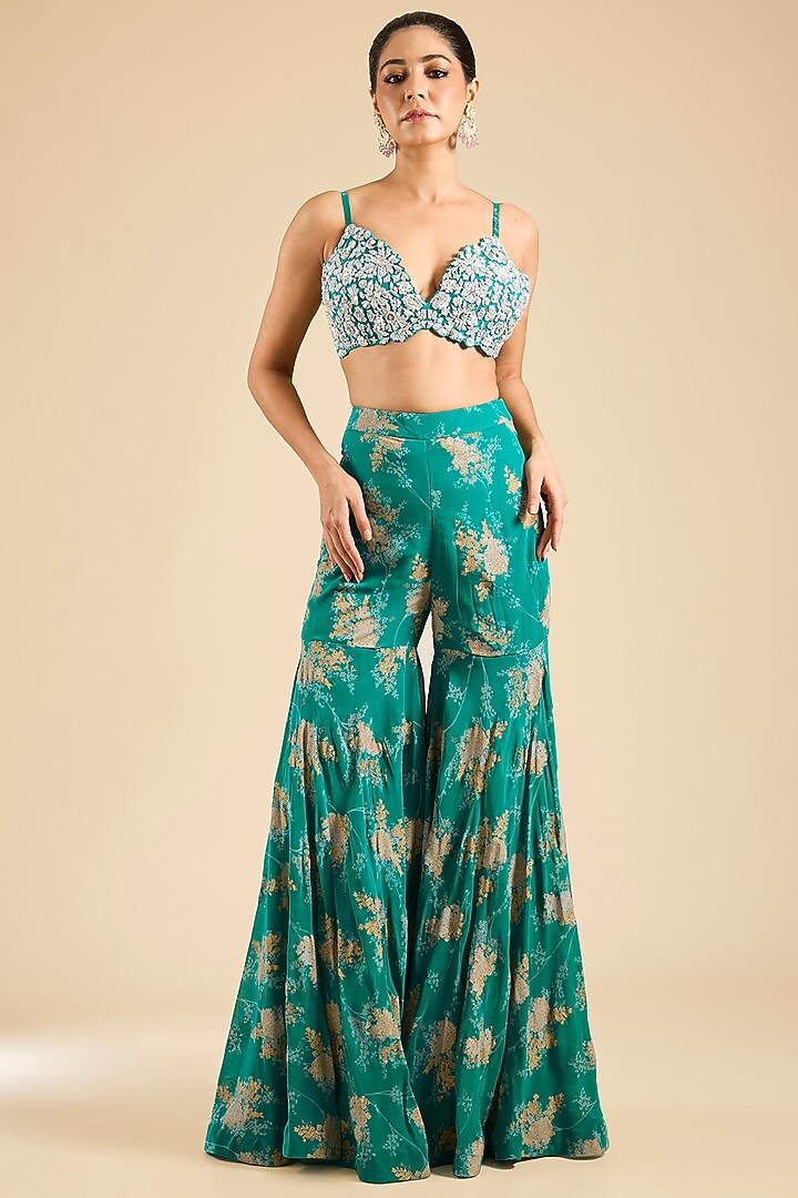 Teal Georgette Printed Flared Pant Set by Bhumika Sharma at Pernia's Pop Up Shop