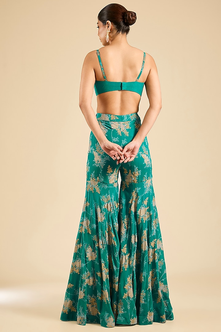 Teal Georgette Printed Flared Pant Set by Bhumika Sharma at Pernia's Pop Up Shop