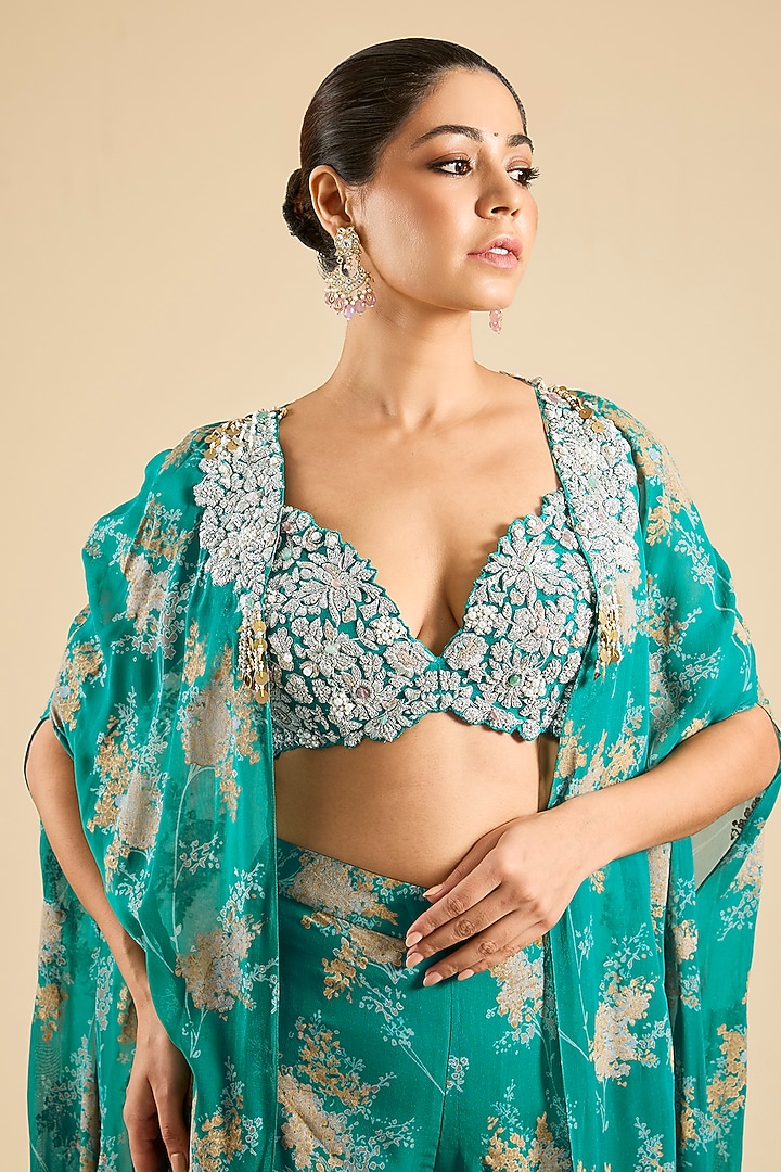 Teal Georgette Printed Flared Pant Set by Bhumika Sharma at Pernia's Pop Up Shop