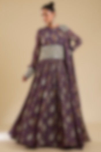 Plum Georgette Printed Bridal Anarkali With Belt by Bhumika Sharma at Pernia's Pop Up Shop