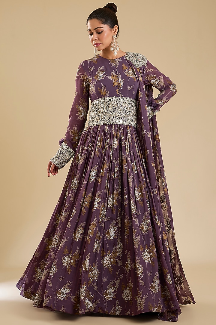 Plum Georgette Printed Bridal Anarkali With Belt by Bhumika Sharma at Pernia's Pop Up Shop