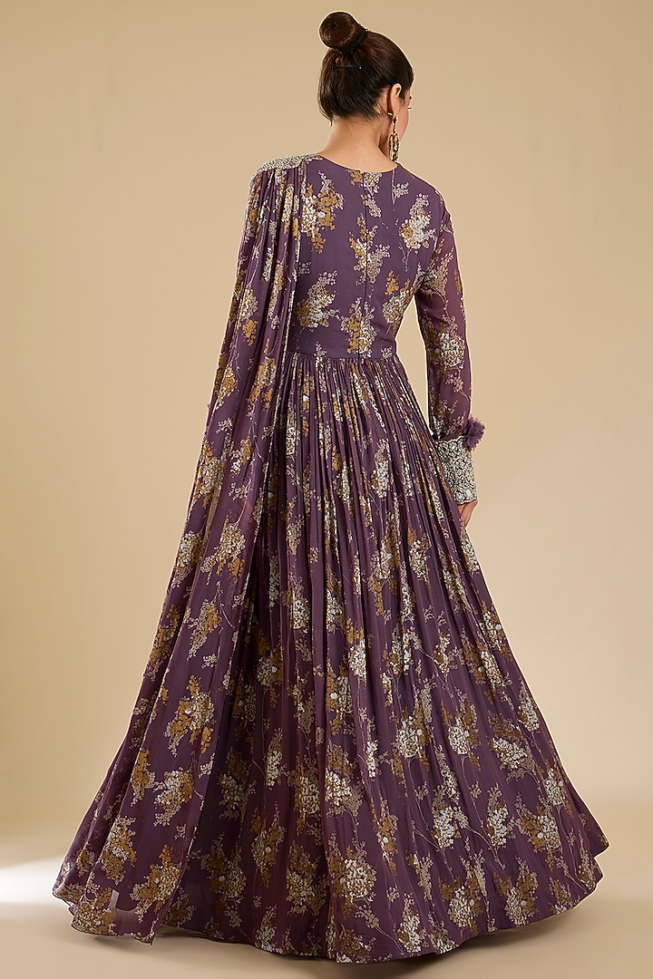 Plum Georgette Printed Bridal Anarkali With Belt by Bhumika Sharma at Pernia's Pop Up Shop