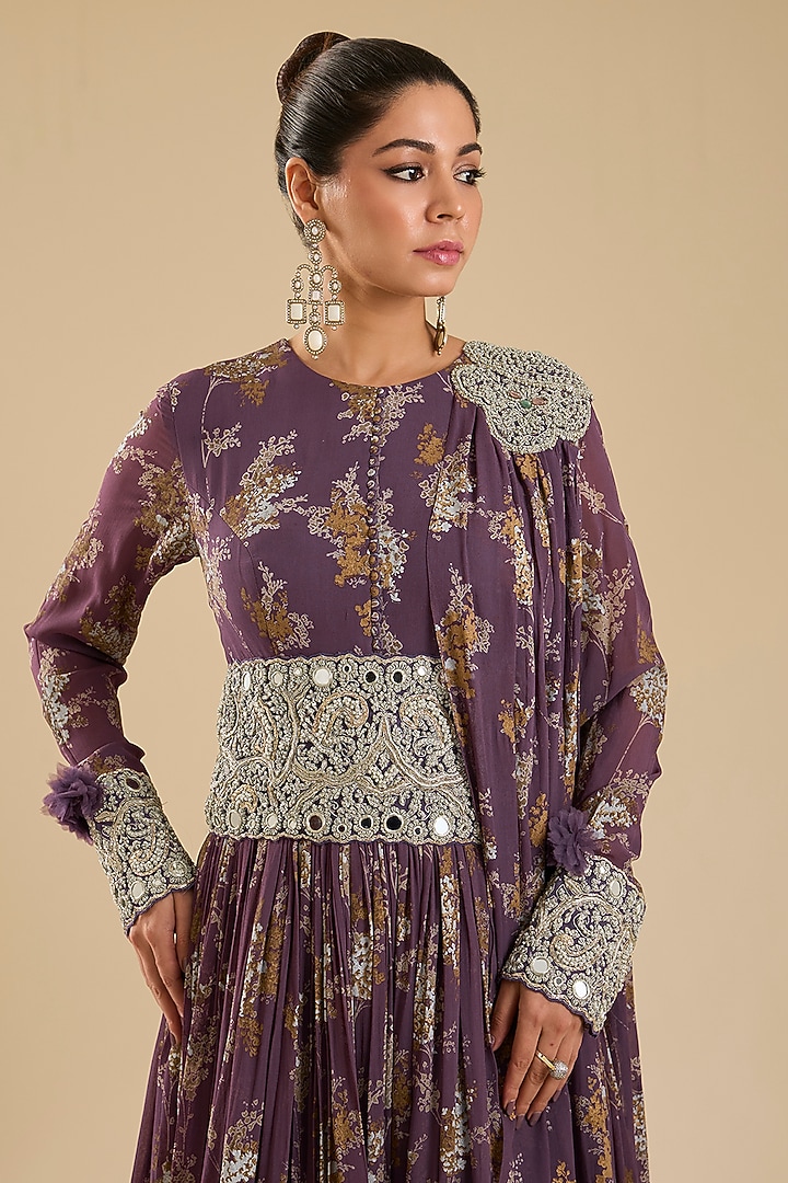 Plum Georgette Printed Bridal Anarkali With Belt by Bhumika Sharma at Pernia's Pop Up Shop