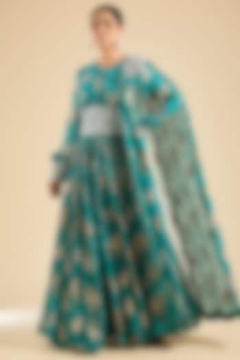Teal Georgette Printed Bridal Anarkali Set by Bhumika Sharma at Pernia's Pop Up Shop