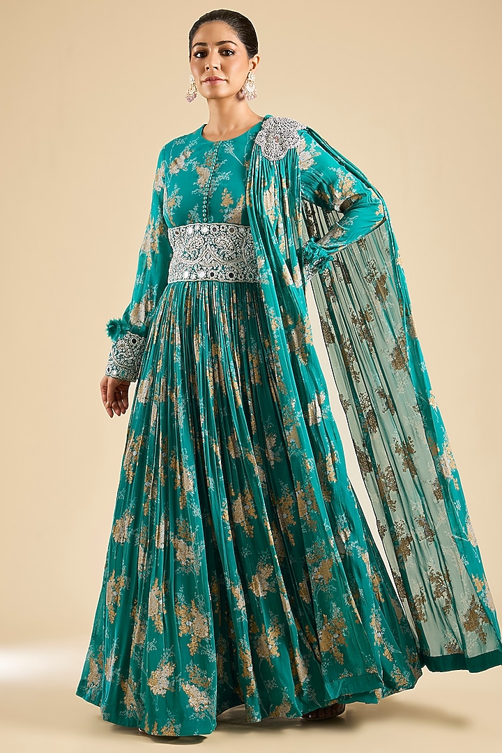 Teal Georgette Printed Bridal Anarkali Set by Bhumika Sharma at Pernia's Pop Up Shop