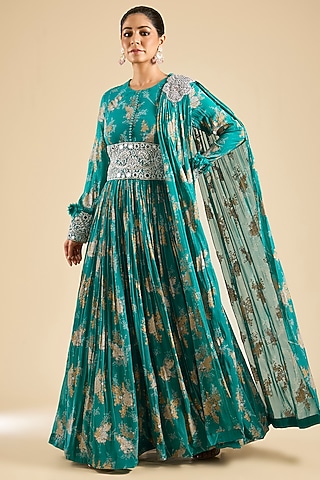 Teal Georgette Printed Anarkali Set by Bhumika Sharma