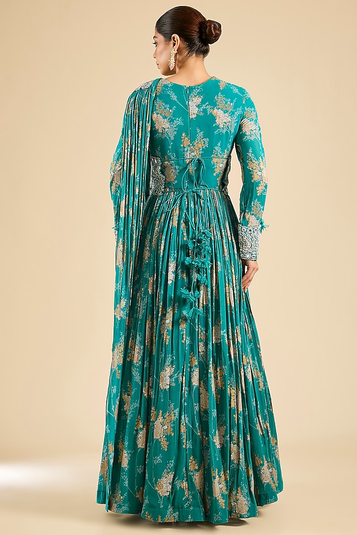 Teal Georgette Printed Bridal Anarkali Set by Bhumika Sharma at Pernia's Pop Up Shop