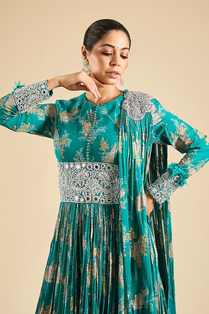 Teal Georgette Printed Bridal Anarkali Set by Bhumika Sharma at Pernia's Pop Up Shop