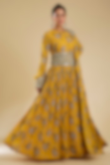 Haldi Yellow Georgette Printed Bridal Anarkali With Belt by Bhumika Sharma at Pernia's Pop Up Shop