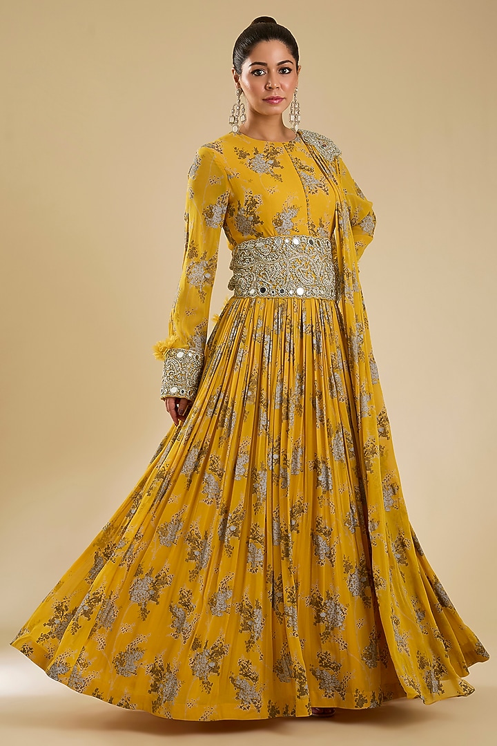 Haldi Yellow Georgette Printed Bridal Anarkali With Belt by Bhumika Sharma at Pernia's Pop Up Shop