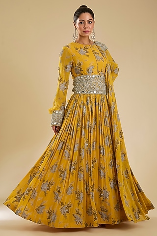 Haldi Yellow Georgette Printed Anarkali With Belt by Bhumika Sharma