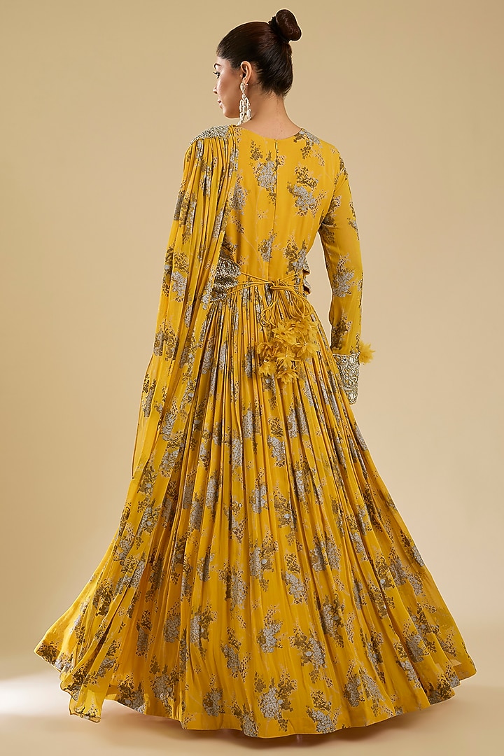 Haldi Yellow Georgette Printed Bridal Anarkali With Belt by Bhumika Sharma at Pernia's Pop Up Shop