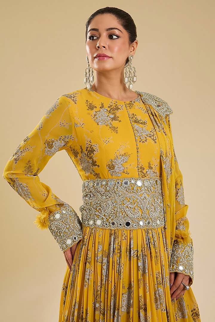 Haldi Yellow Georgette Printed Bridal Anarkali With Belt by Bhumika Sharma at Pernia's Pop Up Shop