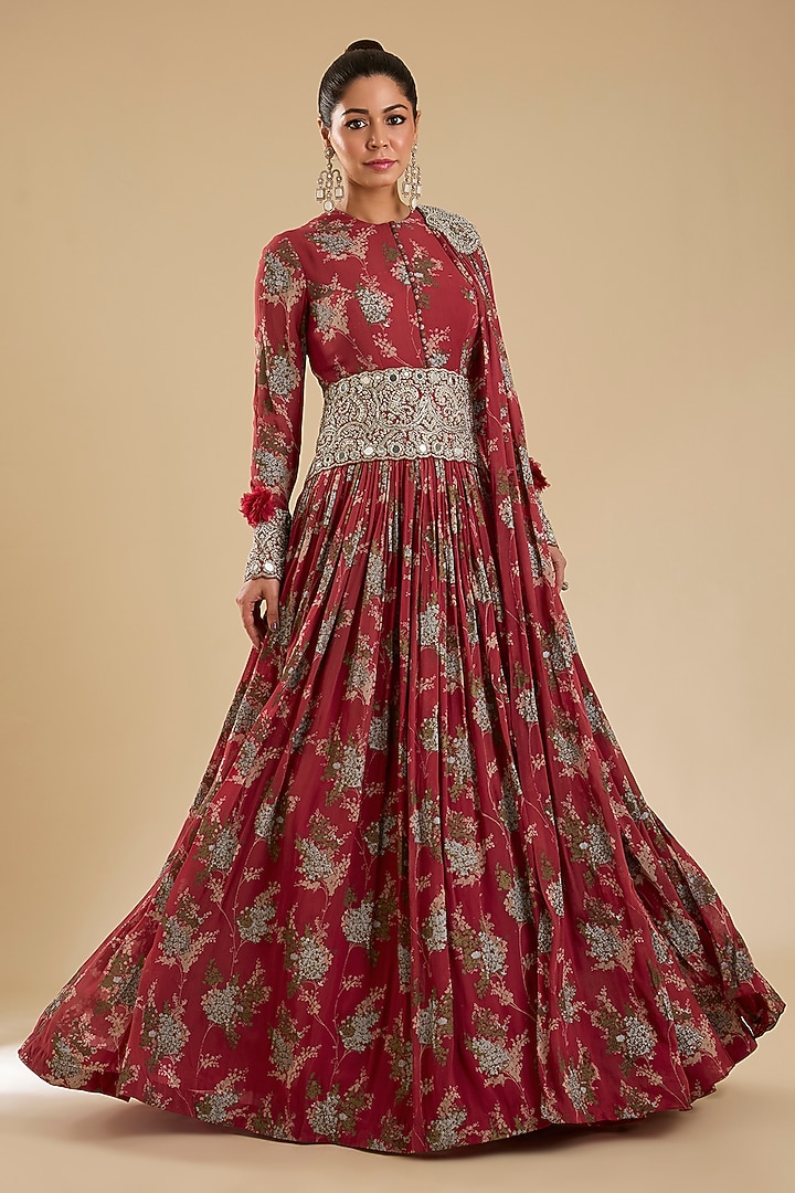Fuchsia Georgette Printed Bridal Anarkali With Belt by Bhumika Sharma at Pernia's Pop Up Shop